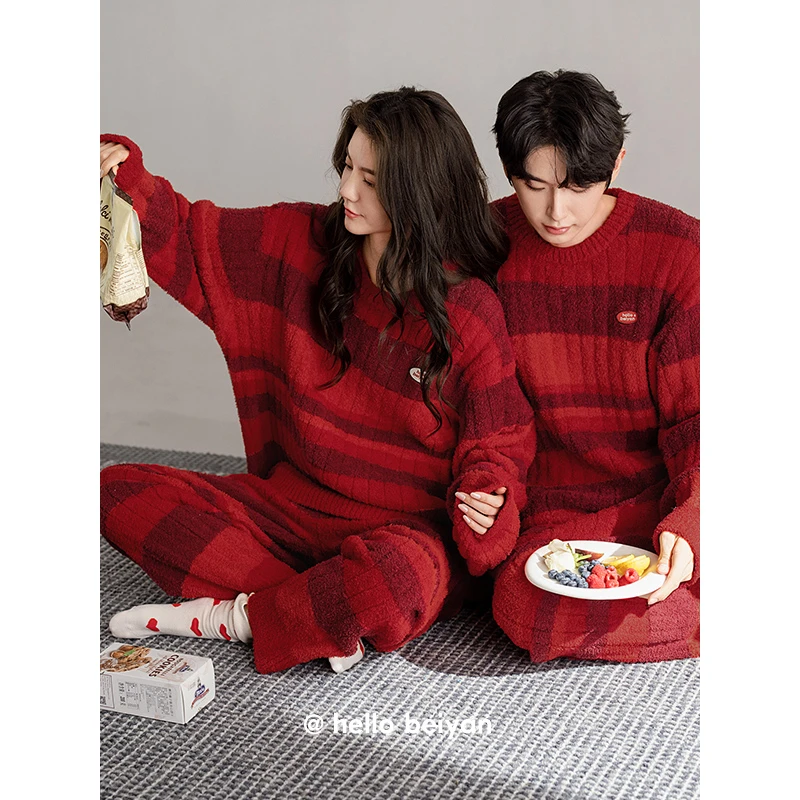 贝妍新婚珊瑚绒情侣睡衣秋冬款男女结婚红色家居服保暖半边绒套装