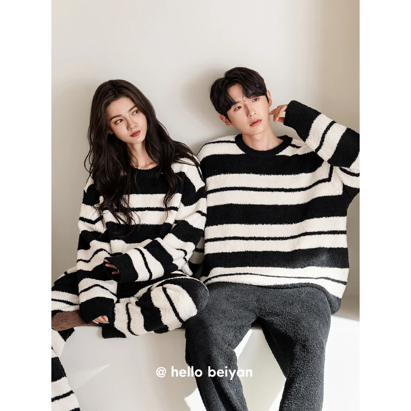 贝妍秋冬款珊瑚绒情侣睡衣女休闲条纹家居服男保暖半边绒大码套装