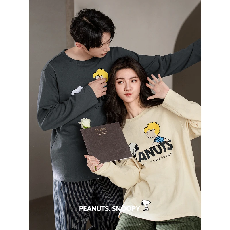 贝妍春秋新款长袖情侣睡衣女可爱史努比柔软棉家居服男士大码套装