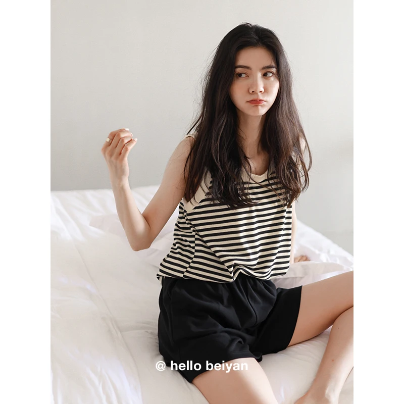 贝妍睡衣女夏薄款纯棉背心短裤家居服休闲条纹显瘦凉爽棉运动套装