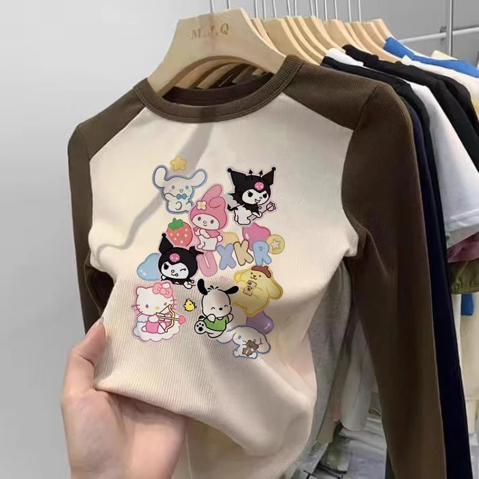 秋冬季2024新款中大童长袖t恤拼接卡通上衣男女童保暖螺纹打底衫