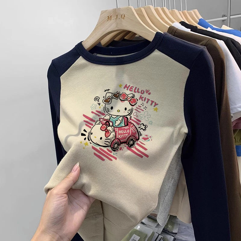 女童潮款打底衫秋冬款拼色可爱卡通印花长袖t恤简约儿童圆领上衣