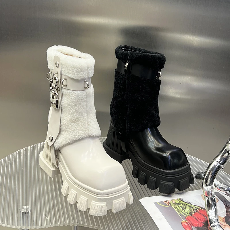 雪地靴女款2023冬季方头厚底羊羔毛毛短靴加绒粗跟马丁靴G8080-66