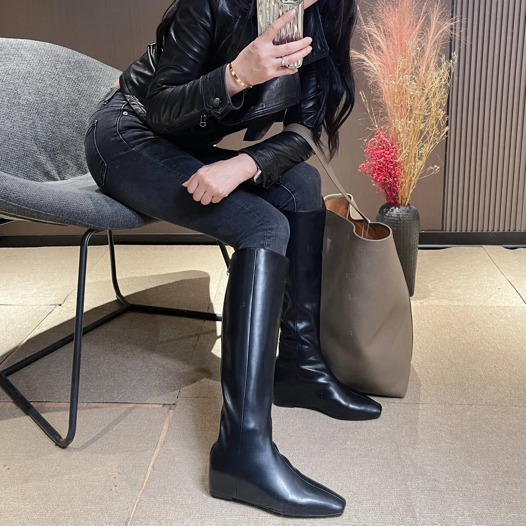 ND1095秋冬新黑色复古长靴女尖头真皮靴子不过膝高筒靴直筒骑士靴