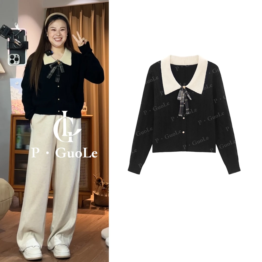 P·GuoLe【乐乐微胖定制】超显瘦高级感撞色学院风毛衣带蝴蝶结针织