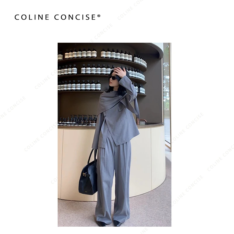 COLINE CONCISE2024FW 高级灰极简披肩设计感衬衫裤子套装33219
