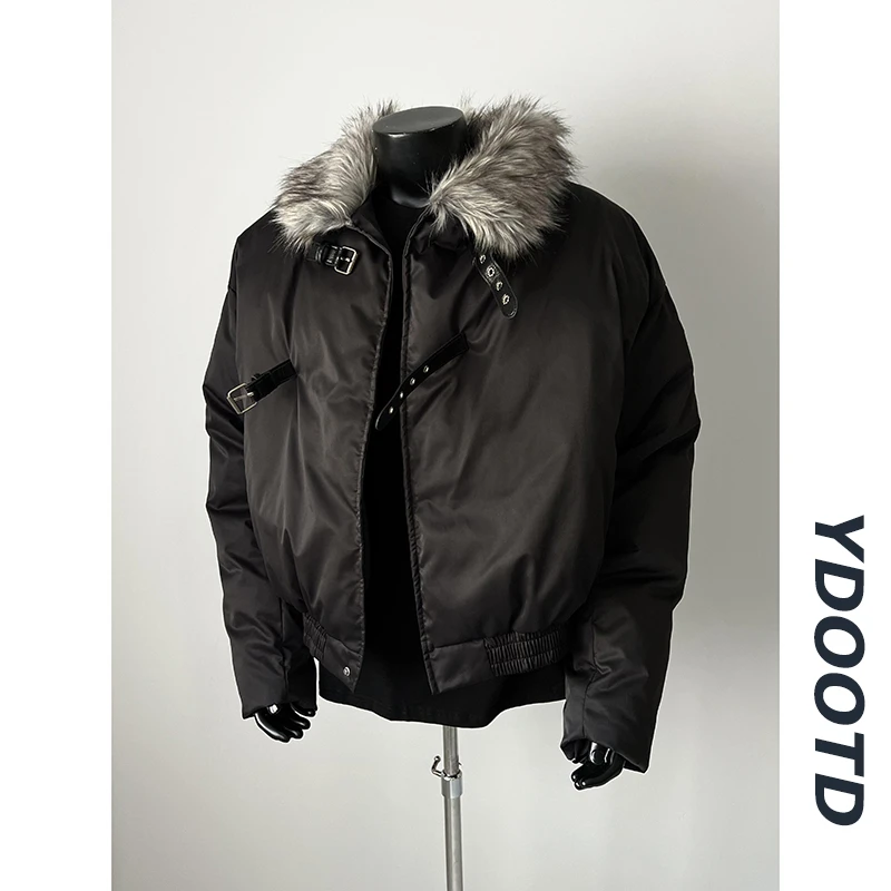 美式复古黑色飞行夹克棉服男款冬季外套cleanfit加厚保暖毛领棉衣