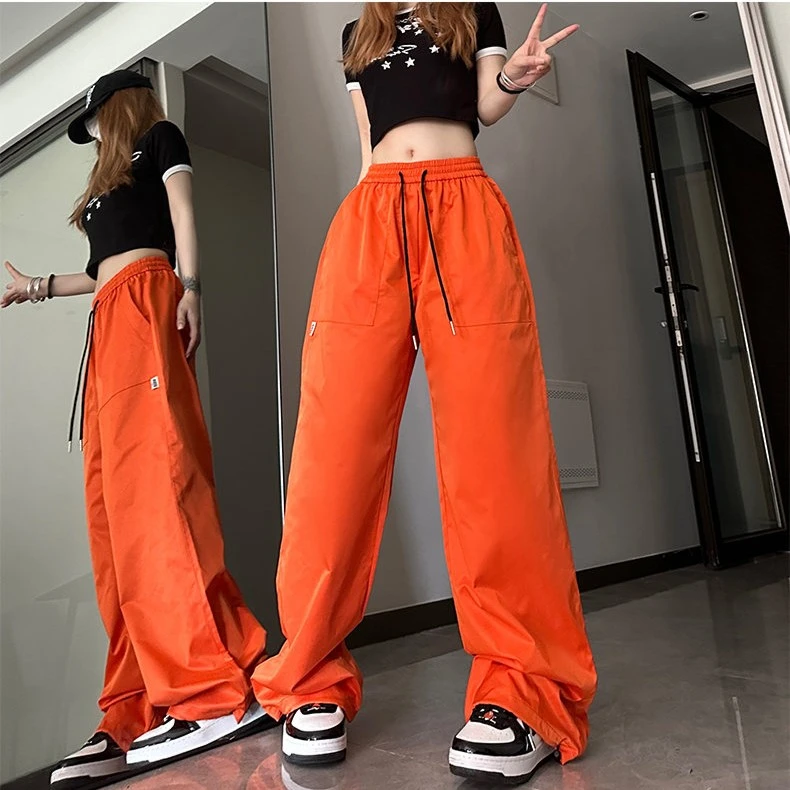hiphop橘红色冲锋工装裤男速干薄款伞兵裤多巴胺vibe美式大码裤子
