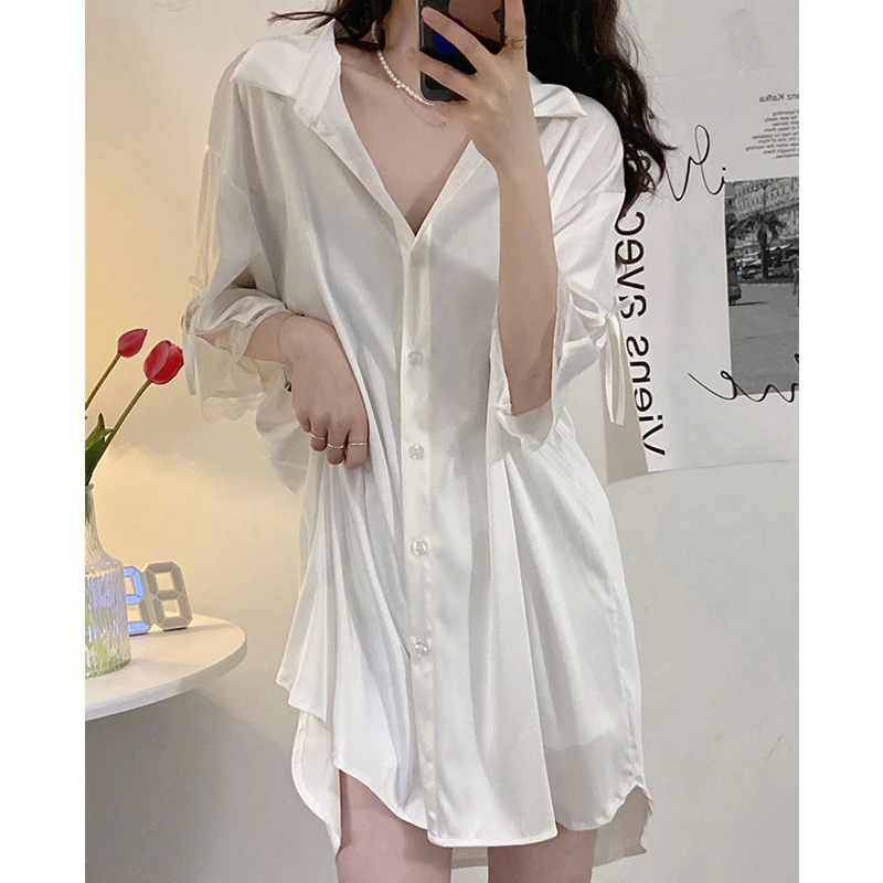 网红短袖衬衫睡裙女夏季小众薄款休闲大码可外穿睡衣宽松家居服