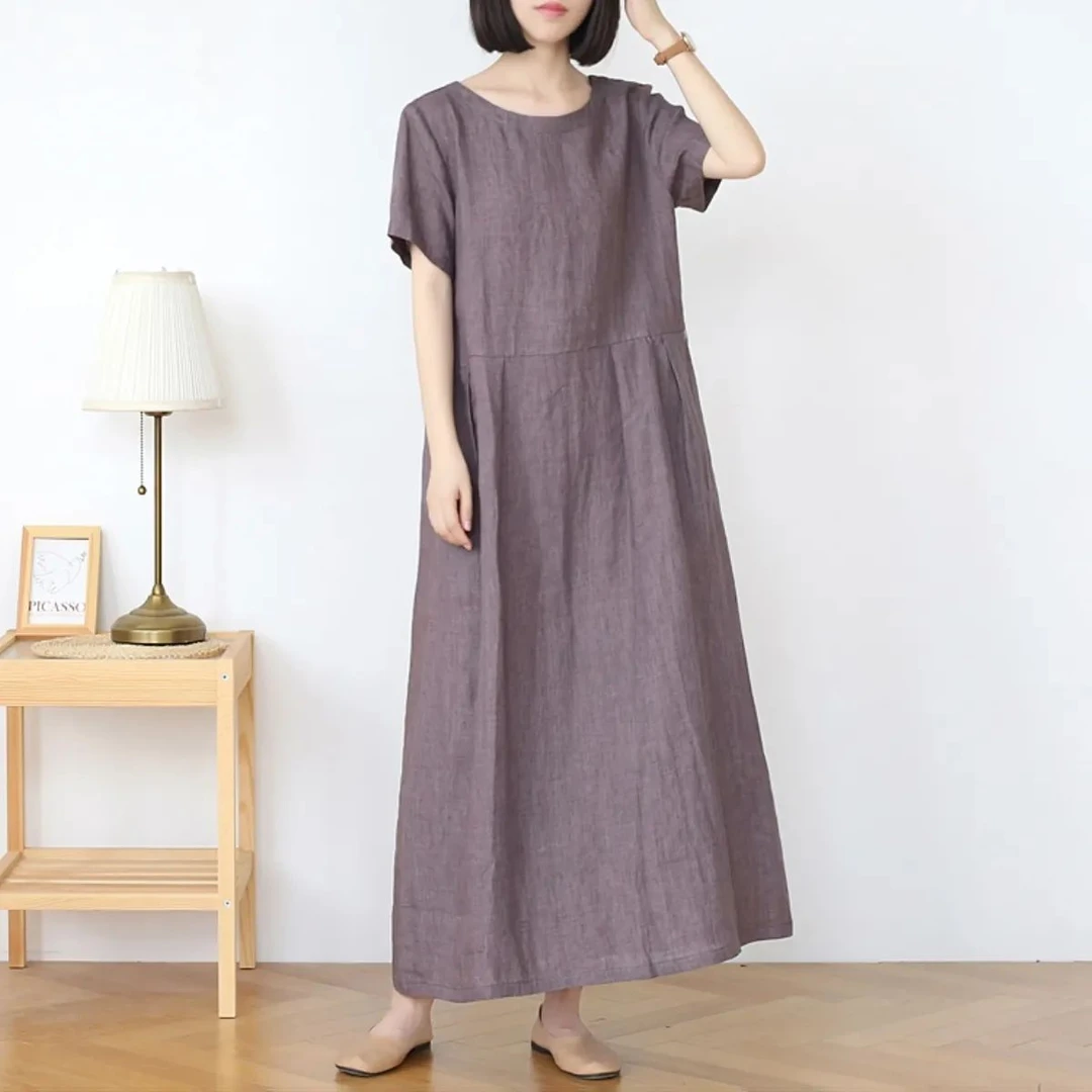 2024新款圆领短袖夏裙子夏季长款女连衣裙文艺宽松休闲女长裙纯色