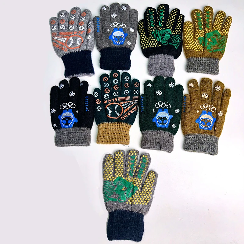 儿童手套小孩女孩保暖女童男童加绒毛线宝宝针织五指套冬天卡通