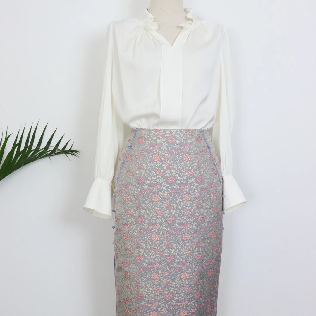 初意｜阿元｜时尚气质荷叶边半裙一步裙半身裙白色碎花印花秋季女士