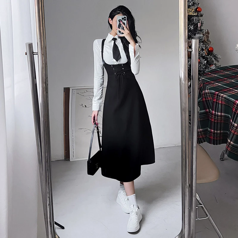 美式复古学院风套装女气质绑带收腰显瘦黑色辣妹背带连衣裙设计感