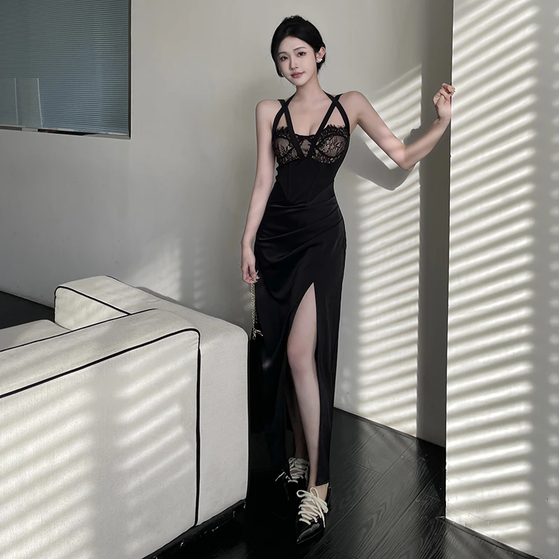 气质御姐轻熟风蕾丝拼接吊带连衣裙女内搭黑色收腰显瘦高开叉长裙