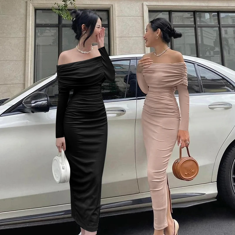 一字肩长袖连衣裙女秋冬季名媛时尚修身收腰显瘦法式露肩气质长裙