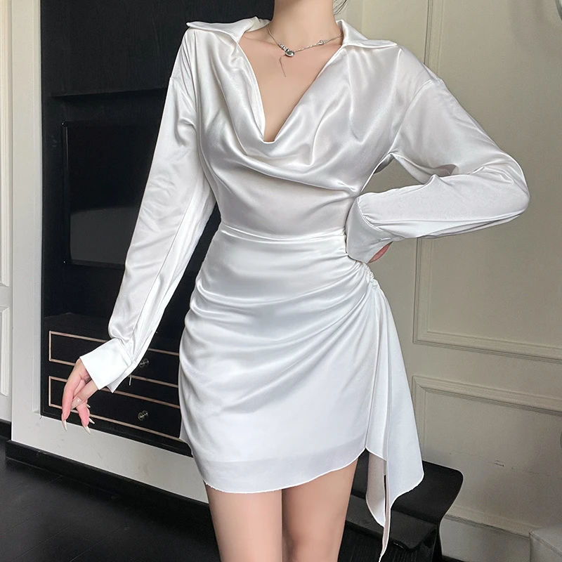 法式小众轻熟翻领衬衫连衣裙女2023秋季新款不规则修身显瘦包臀裙