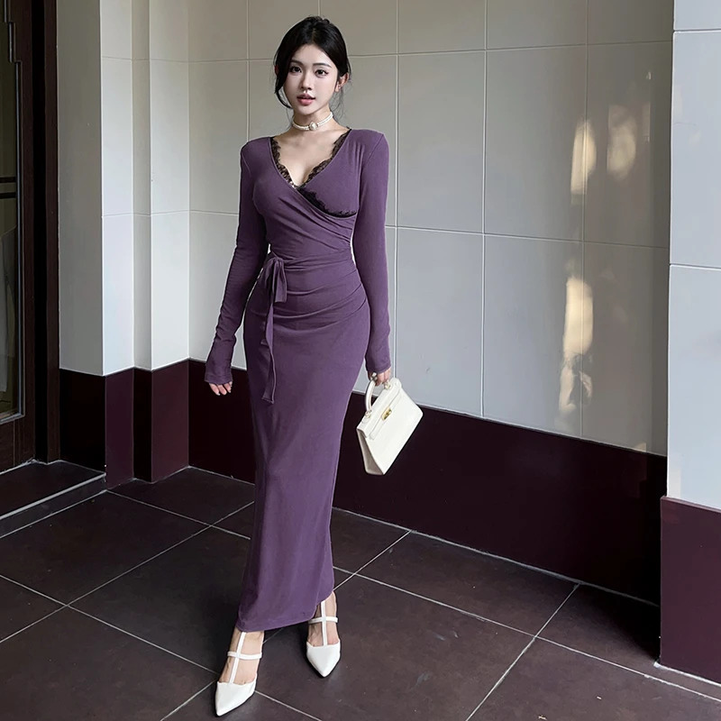 御姐气质设计感蕾丝拼接长袖连衣裙女2024秋季新款紫色韵味长裙