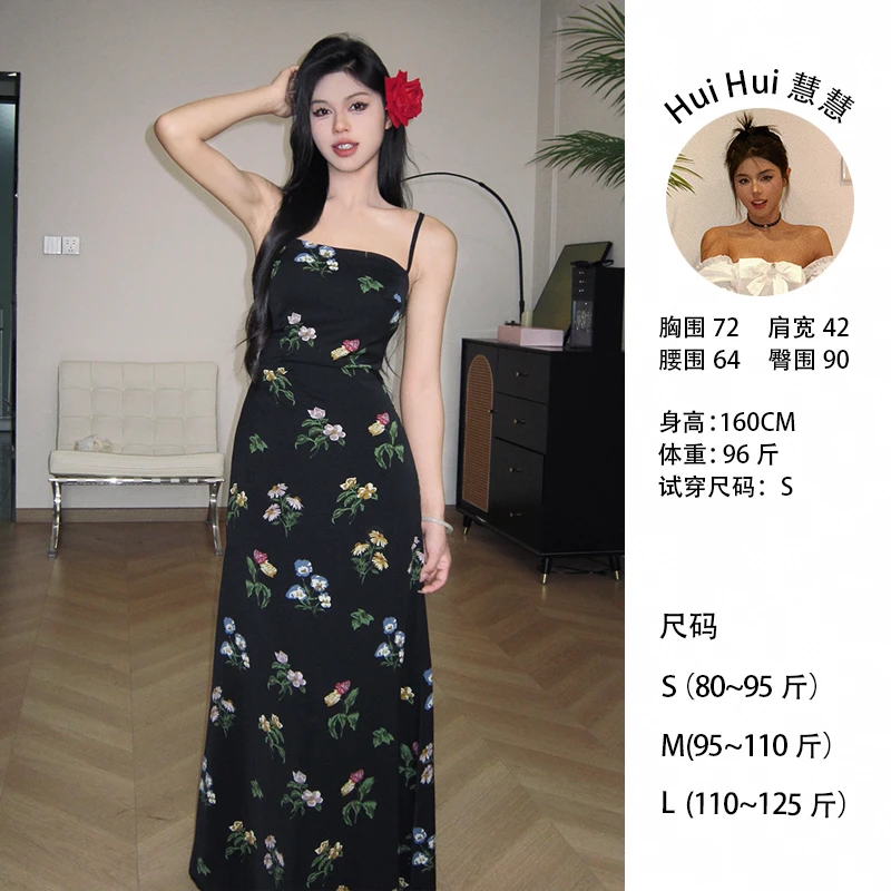 【碎花小黑裙】「黄黑皮慧慧」丨露背吊带碎花连衣裙夏季海边度假长裙