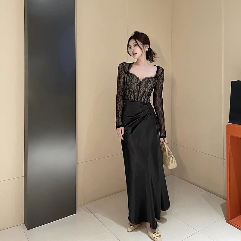 《气质女主角》黑色蕾丝拼接长袖连衣裙女复古收腰显瘦性感包臀长裙