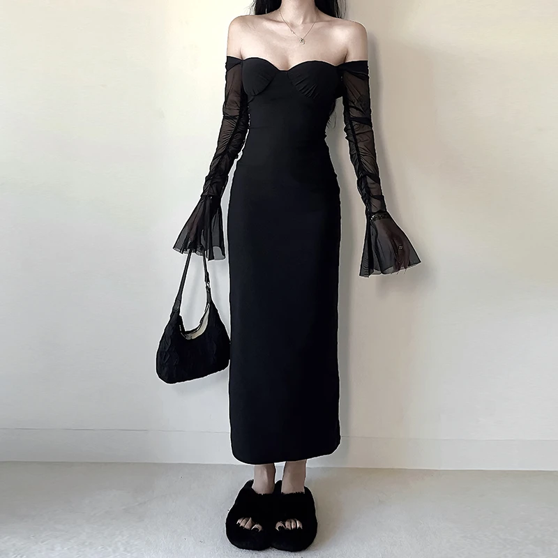 高级感纯欲风黑色网纱拼接连衣裙女2024秋冬新款修身显瘦长裙