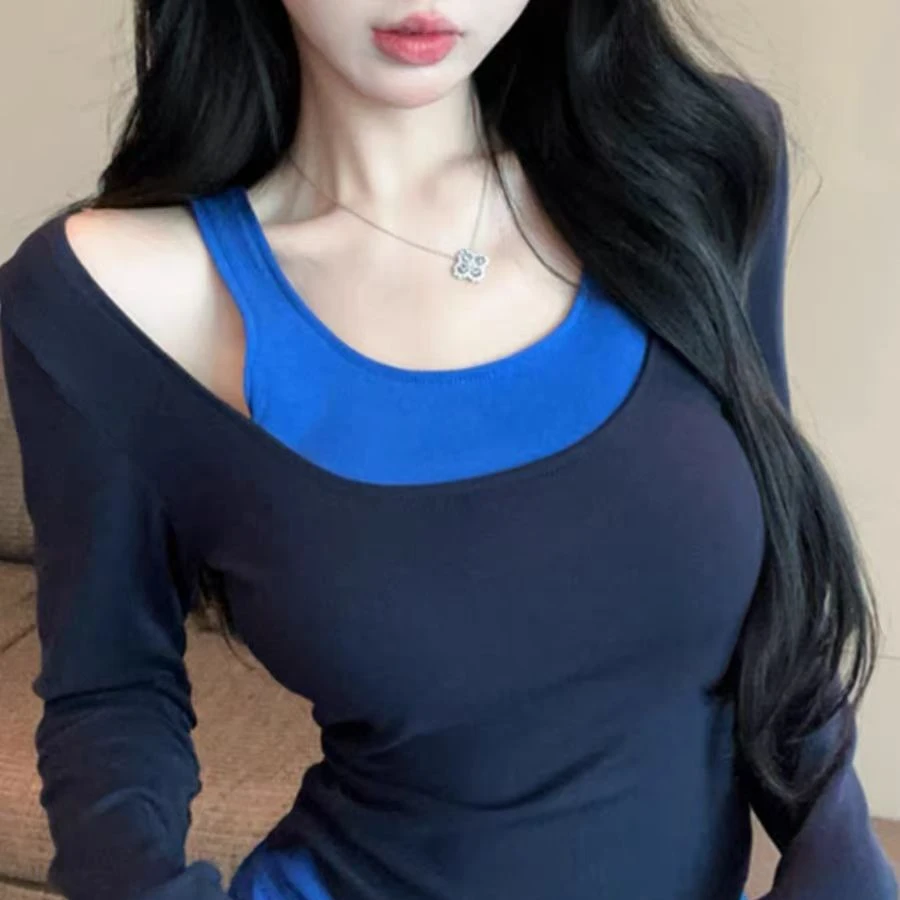 纯欲心机u领锁骨修身长袖打底衫T恤女欧美御姐短款吊带背心两件套