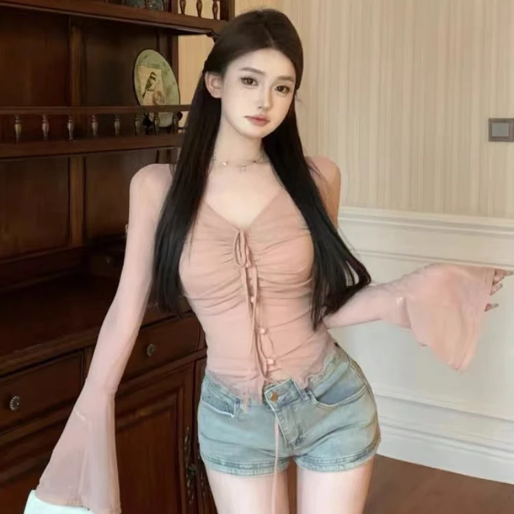 新款长袖网纱开衫打底吊带背心两件套纯欲风套装