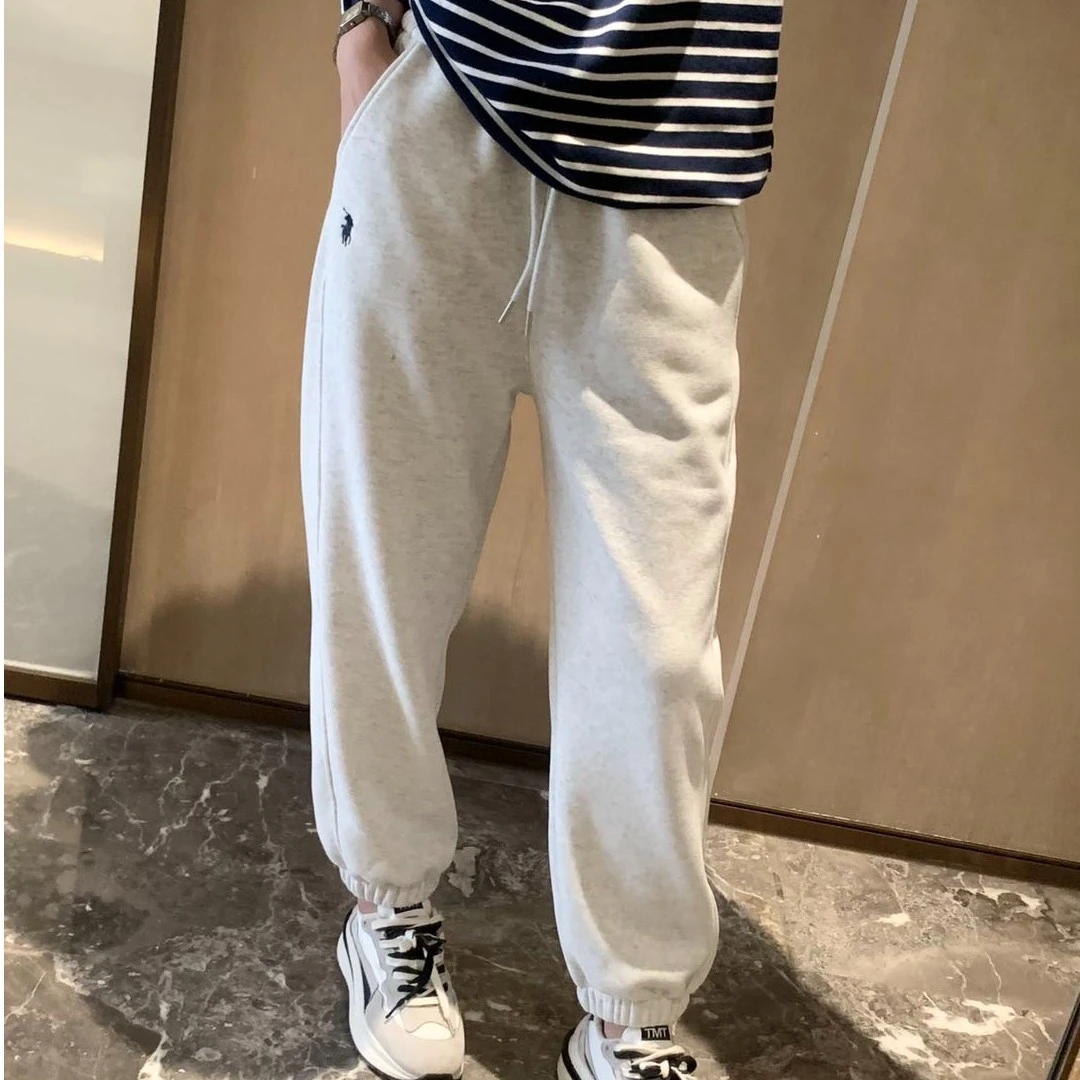 加绒冬季新款小马刺绣加厚灰色卫裤休闲运动必备保暖百搭显瘦-XY