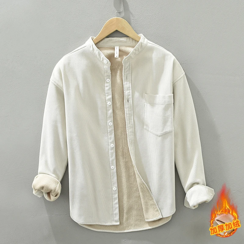 1353加绒长袖衬衫灯芯绒外套加厚复古宽松休闲条绒棉衬衣