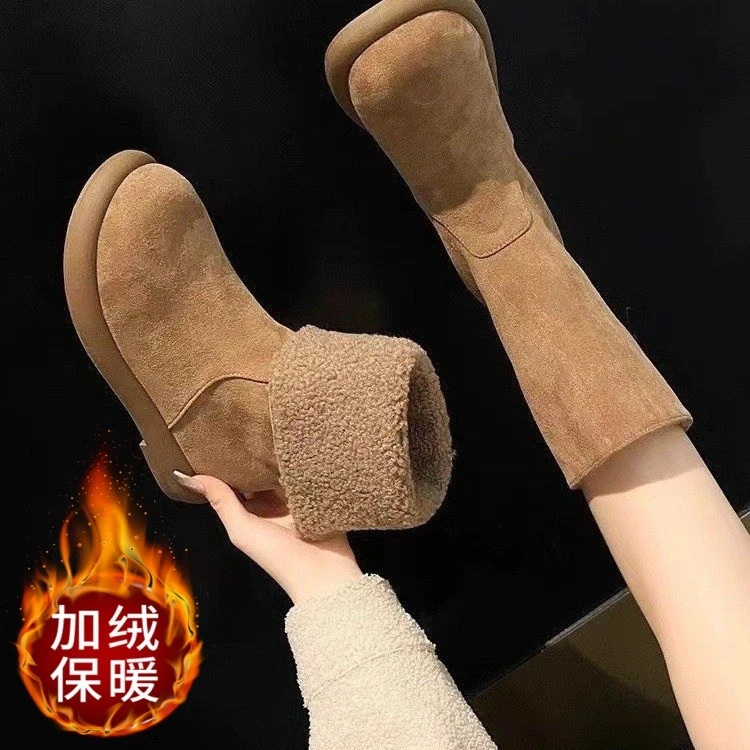 欧货爆款软皮两穿翻边平跟中筒靴女秋冬反绒皮加绒雪地靴保暖棉鞋