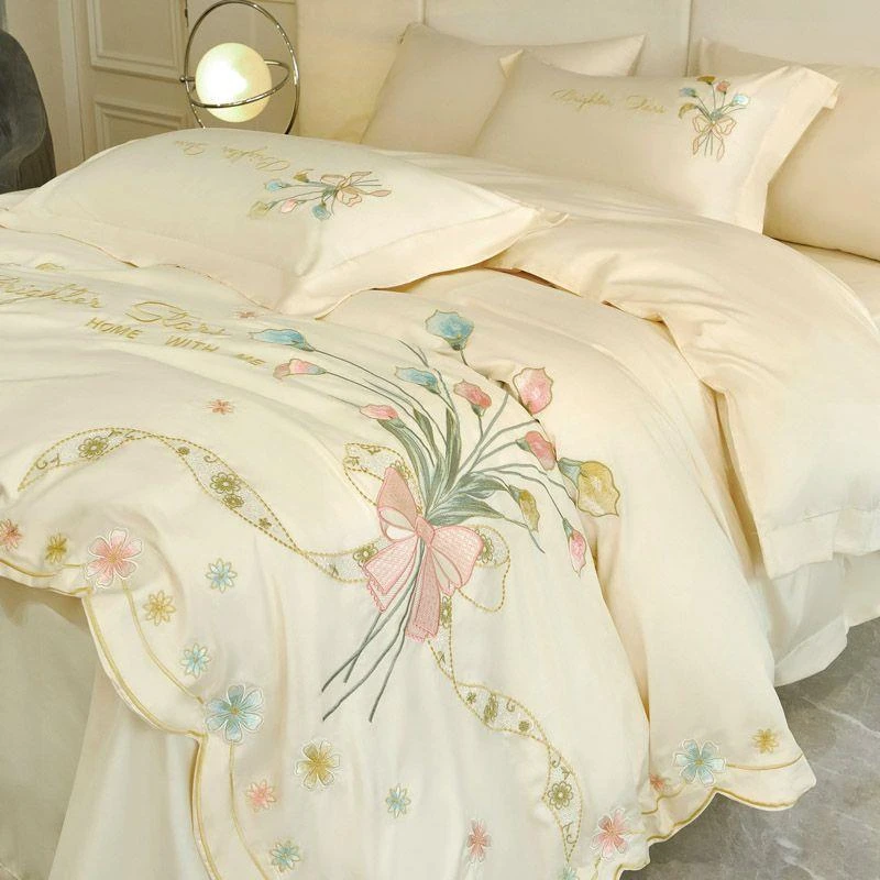 高端小香风绣花棉纯100%四件套棉全柔软被套床单款4件套四季通用