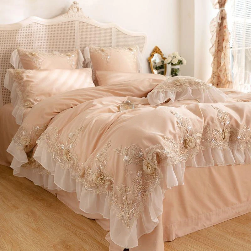 法式浪漫公主150支蕾丝边长绒棉四件套棉全被套床单床上用品棉纯