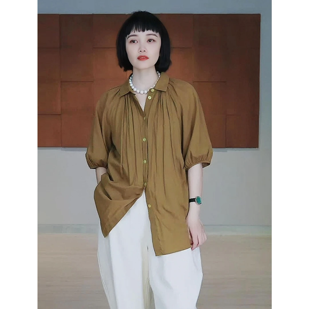 ICEEL小众短袖衬衫女宽松休闲气质泡泡袖高档纯棉衬衣原创设计