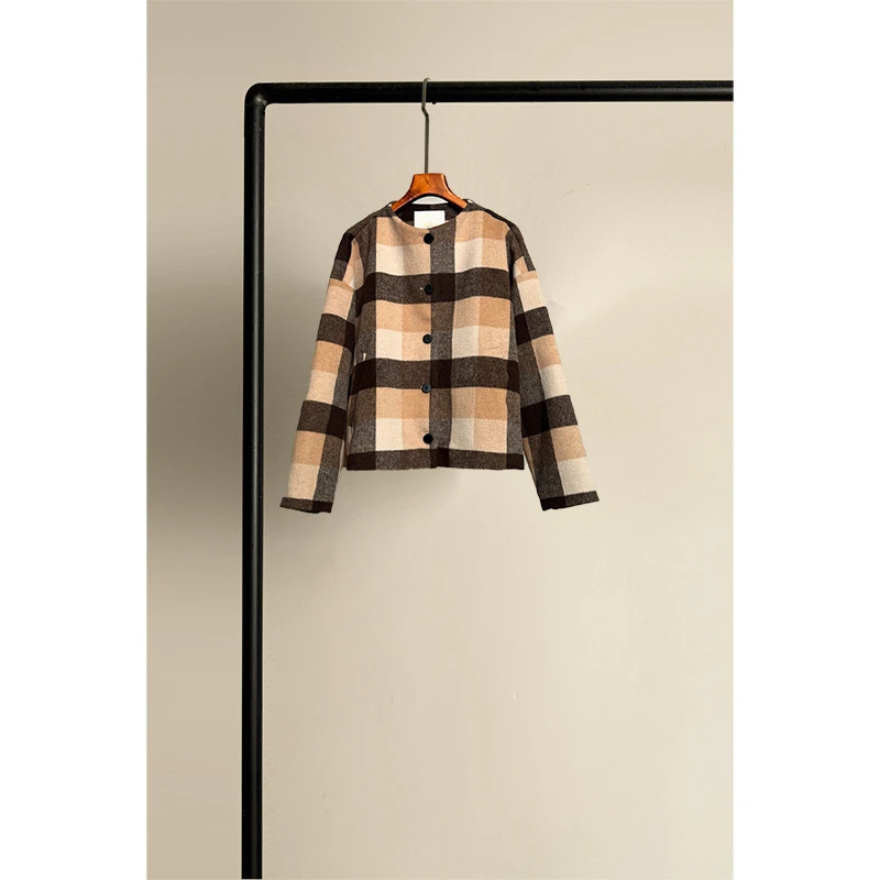 原创复古风精品女装经典毛呢短外套秋冬新款时尚格子圆领气质上衣