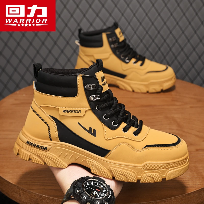 回力马丁靴男款秋冬高帮复古工装皮靴户外登山运动防水防滑大黄靴
