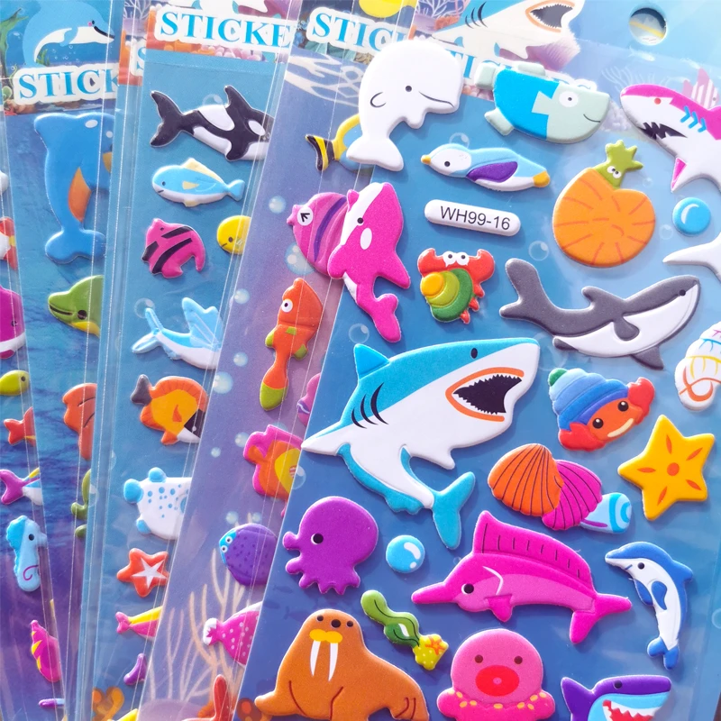 儿童泡泡贴纸海洋生物海底小鱼海豚鲨鱼立体3d卡通泡泡粘贴贴画