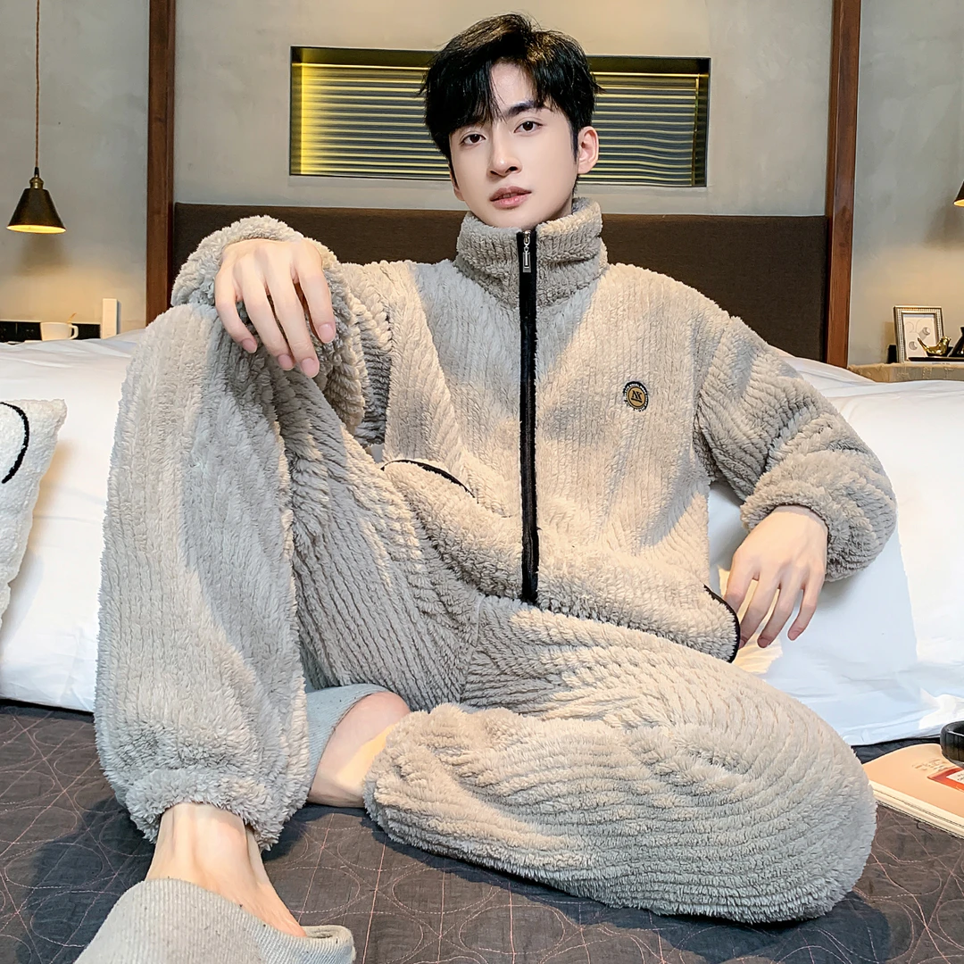 睡衣男秋冬款法兰绒加厚加绒保暖珊瑚绒立领冬天开衫家居服套装