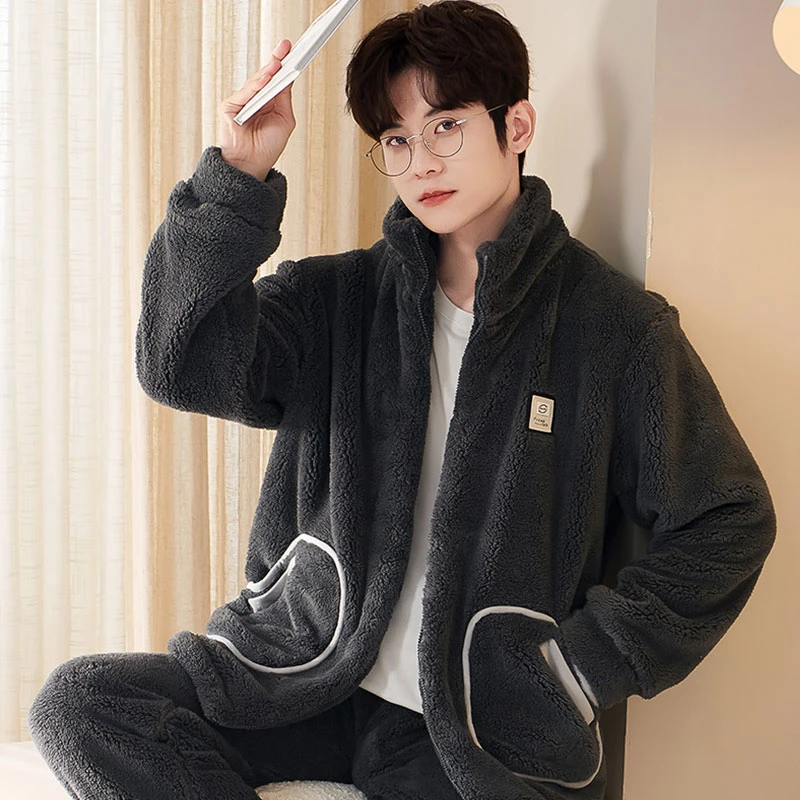睡衣男秋冬款法兰绒加厚加绒保暖珊瑚绒翻领冬天开衫家居服套装
