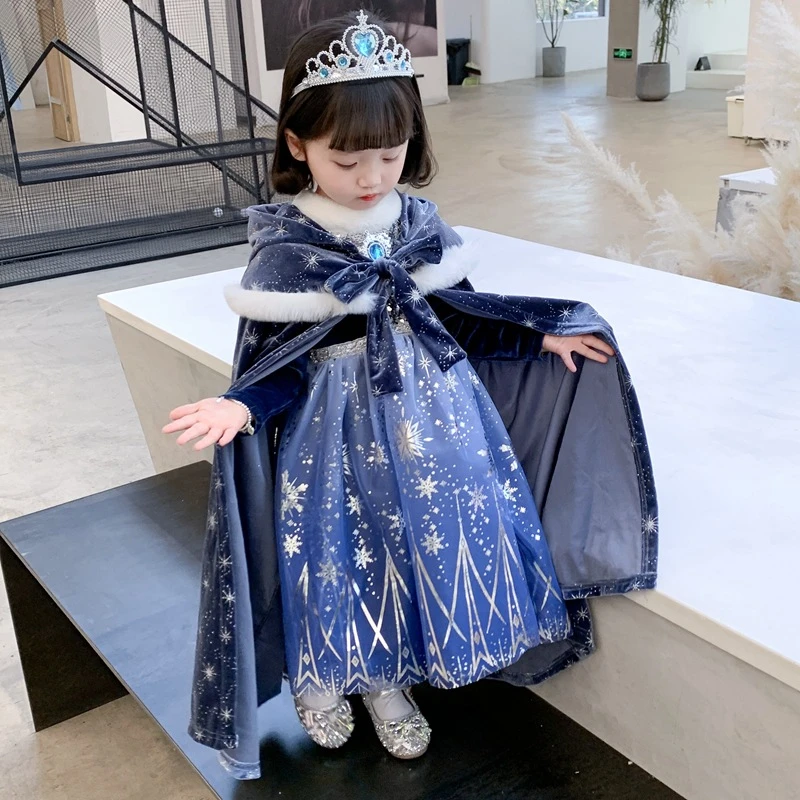 女童秋冬新款冰雪奇缘爱莎公主长袖公主裙儿童圣诞节礼服加绒裙子
