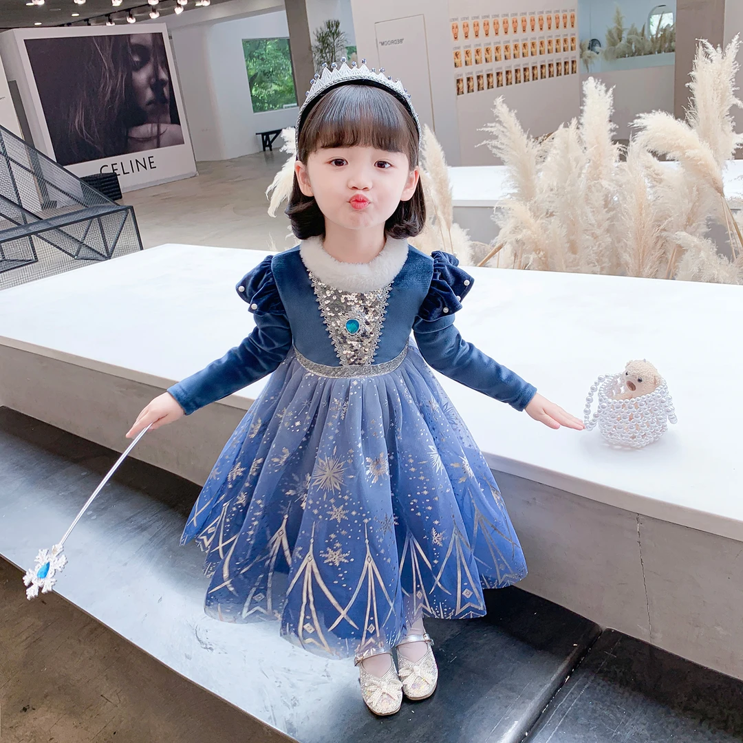 女童2024秋冬新款冰雪奇缘爱莎公主长袖公主裙儿童圣诞节礼服加绒