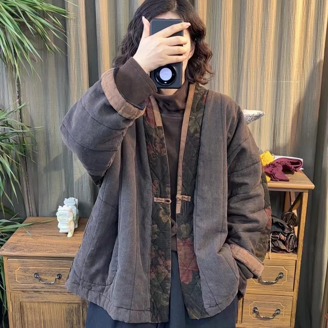 那年 秋冬古家风亚麻拼接棉袄（衣长65胸围140）中式复古加厚短外套