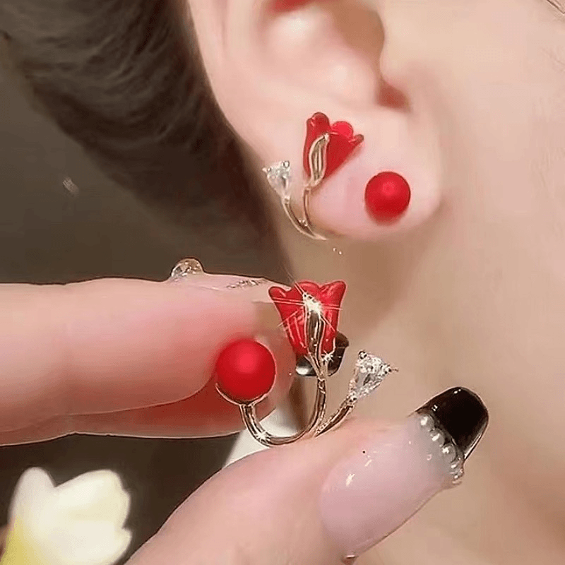 红色玫瑰花耳钉女2024年新款潮耳饰名媛网红秋冬一款两戴耳环耳饰