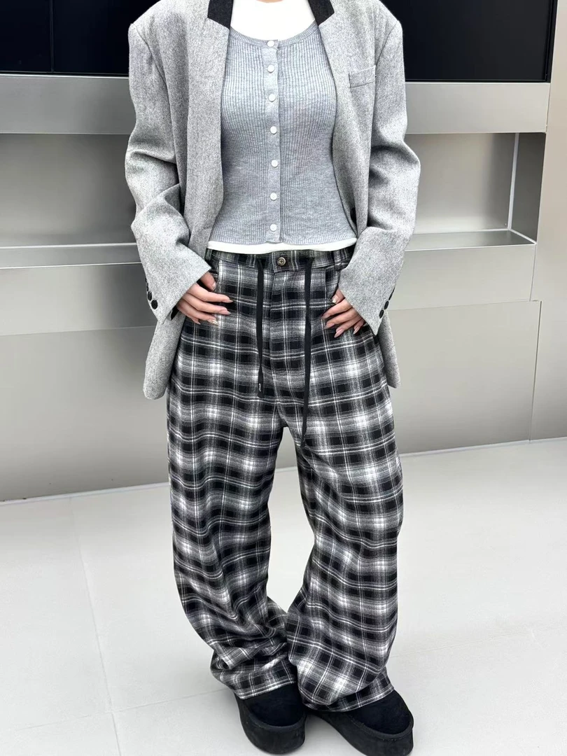 【AOYI】24fw买手店Aurora Tang新款拼色条纹宽版格子裤