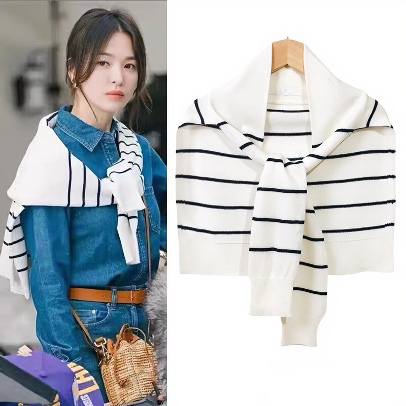 2024新款韩剧女主针织披肩外搭女百搭网红护颈条纹空调房搭肩假领