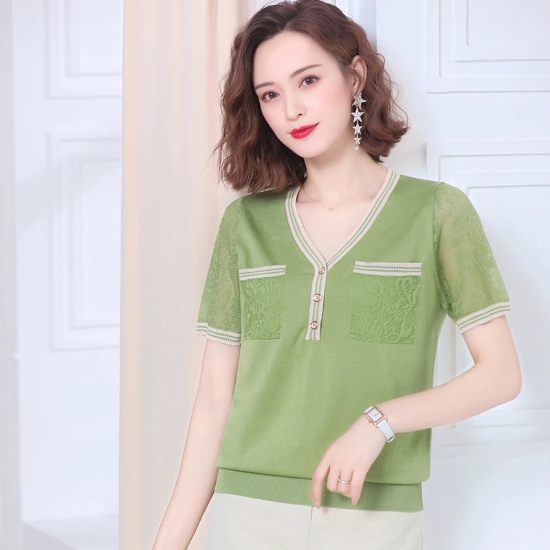 2025新款夏季薄款蕾丝袖V领短袖针织衫显瘦气质洋气时尚百搭镂空