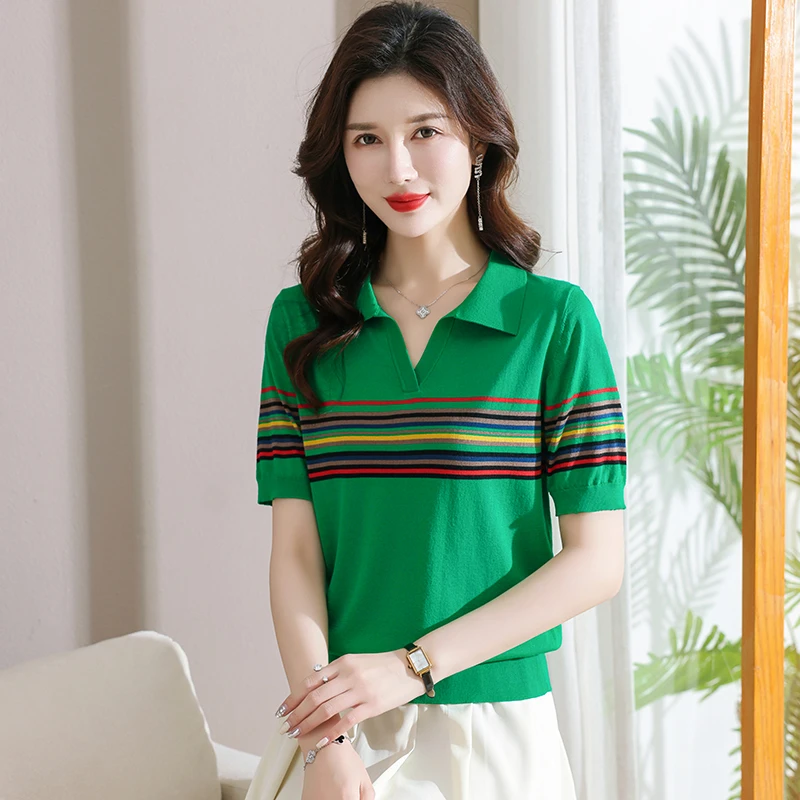 2025新款夏季彩虹条纹翻领针织短袖薄款宽松显瘦百搭休闲减龄气质