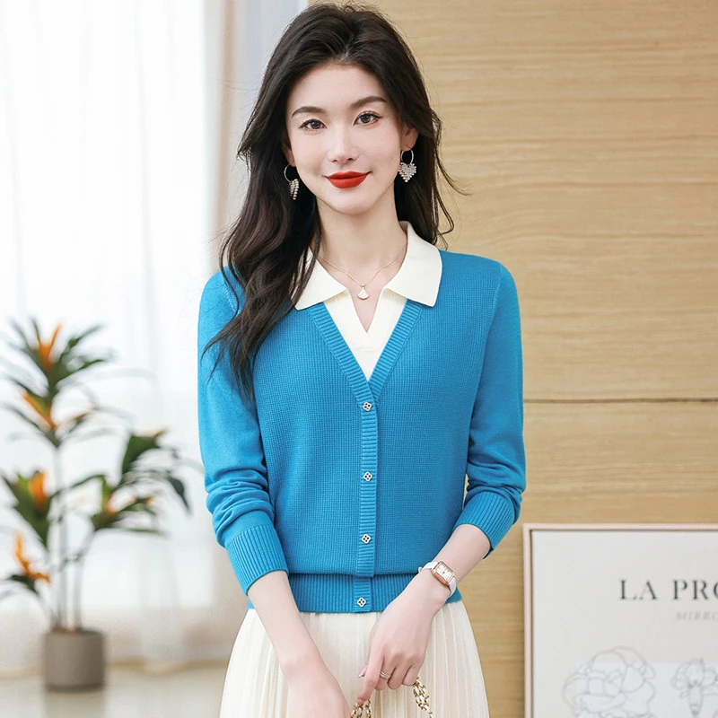 秋季新款小方领针织衫长袖翻领假两件洋气百搭小衫显瘦宽松女上衣