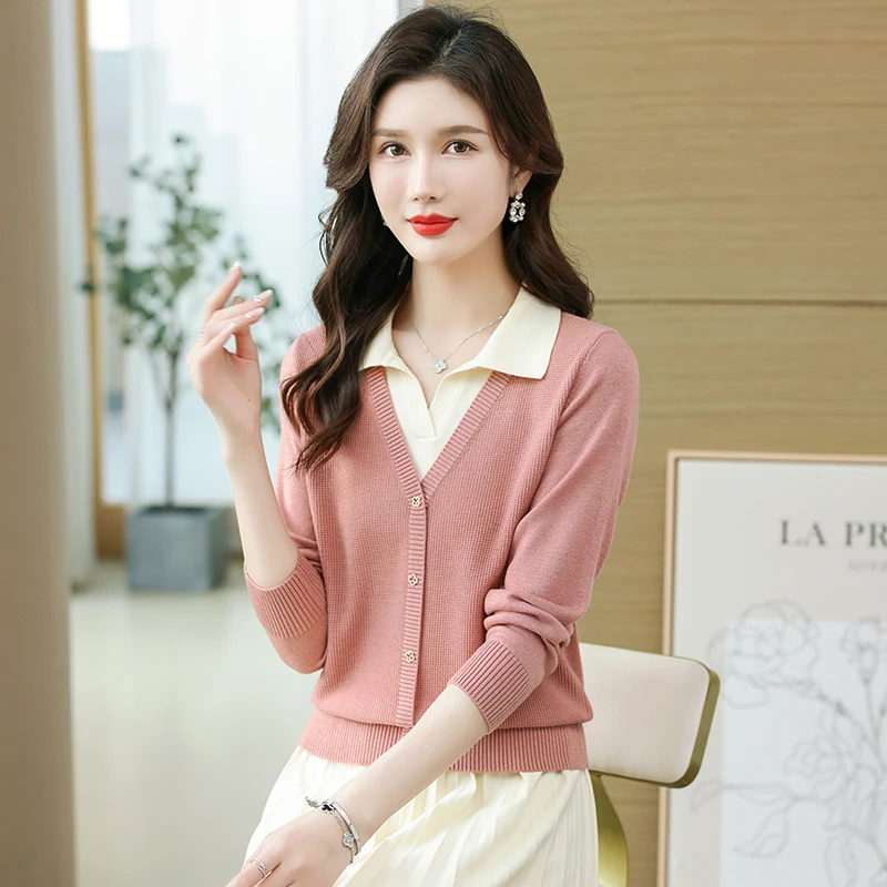 2025秋季新款小方领长袖翻领假两件洋气百搭小衫显瘦宽松长袖针织