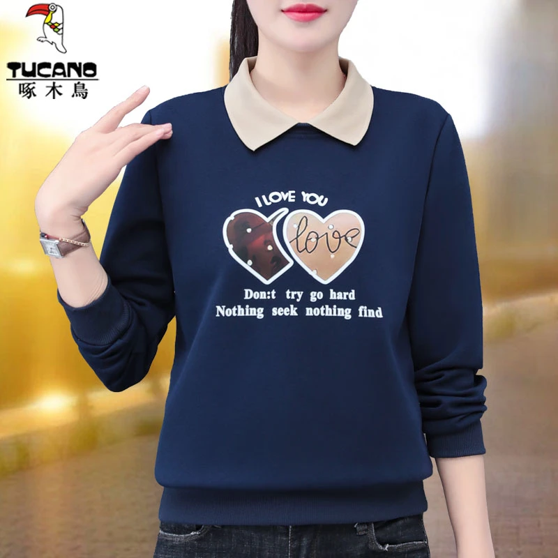 正品啄木鸟长袖卫衣女春秋装新款圆领春季休闲打底宽松上衣