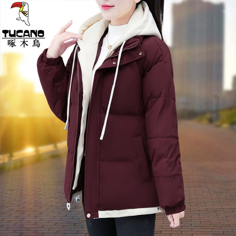 啄木鸟棉衣女冬季2025新款假两件冬装宽松加厚保暖连帽假两件棉服