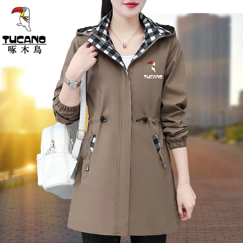 啄木鸟春秋季女外套大码中年妈妈洋气中长休闲连帽上衣百搭衣服